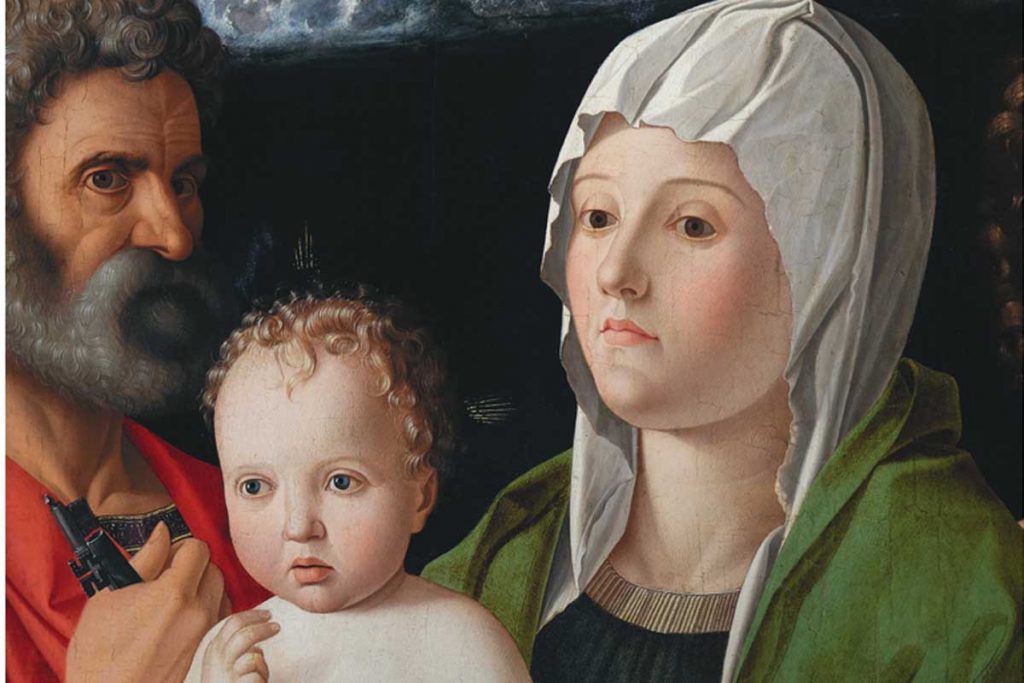 Un dettaglio della Madonna con Bambino tra San Pietro e San Sebastiano attribuita alla Bottega di Giovanni Bellini