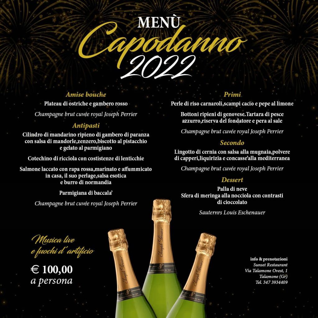 Menu cenone di capodanno Sunset Restaurant