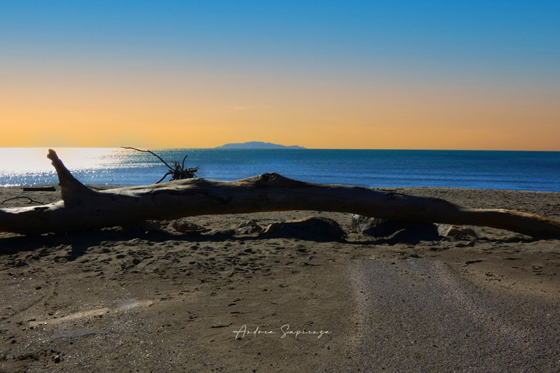La spiaggia di Alberese e il Giglio (foto di Andrea Sapienza)