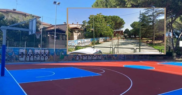 Il campo di basket di piazza Lulli com'è adesso e (nel riquadro) com'era prima del rifacimento