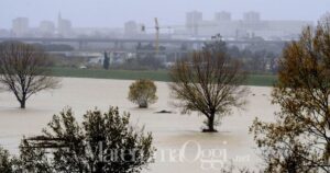 L'Ombrone in golena, durante una piena qualche anno fa. La città è proprio lì