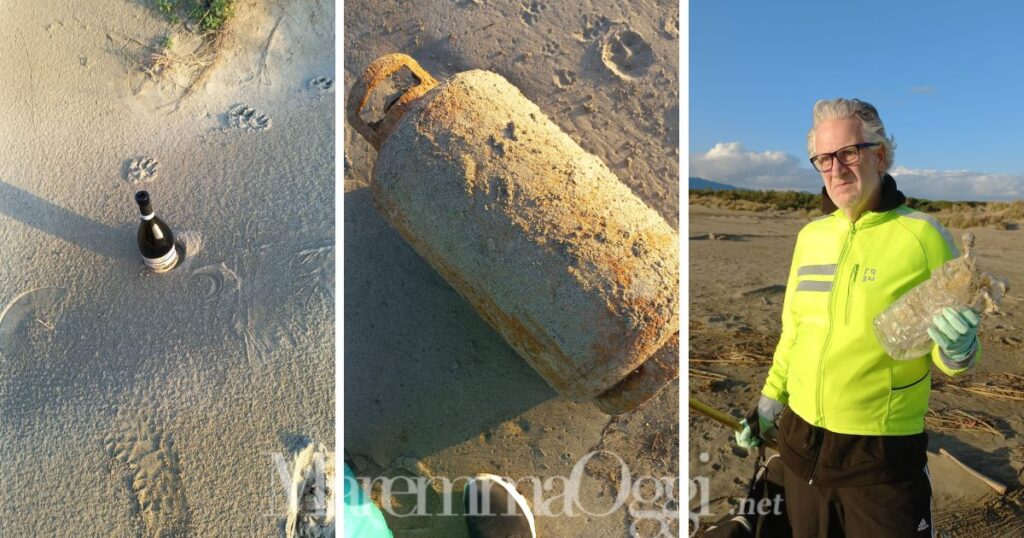 Riccardo Guerra e alcuni rifiuti trovati sulla spiaggia