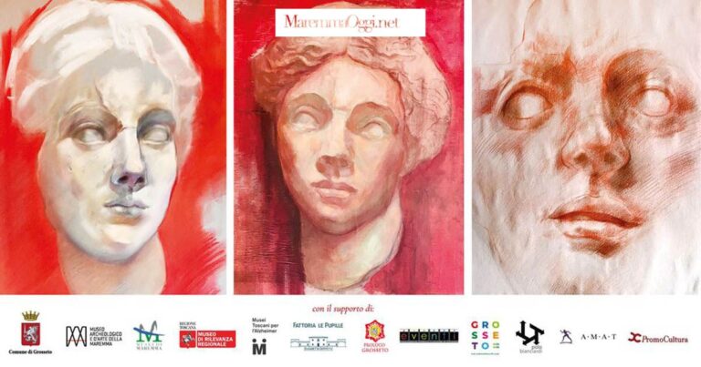 Alcune delle opere in mostra, con i volti delle donne maremmane