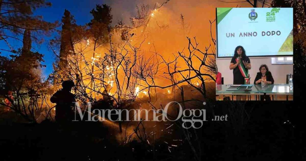 Un'immagine dell'incendio e Romina sani che apre il consiglio comunale