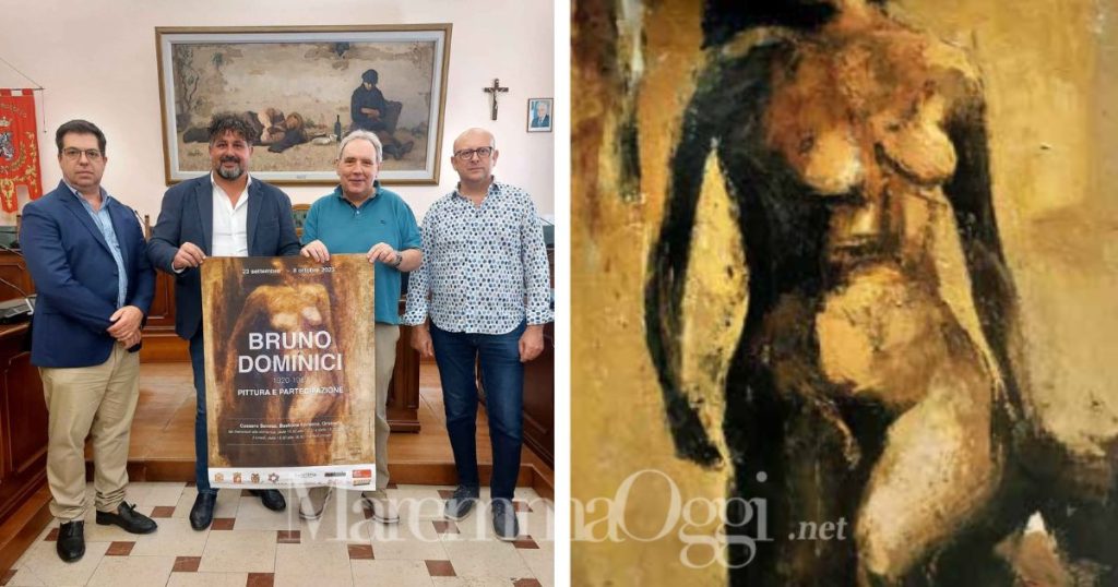 La presentazione della mostra e, a sinistra, l'opera di Bruno Dominici "Grande nudo", del 1963