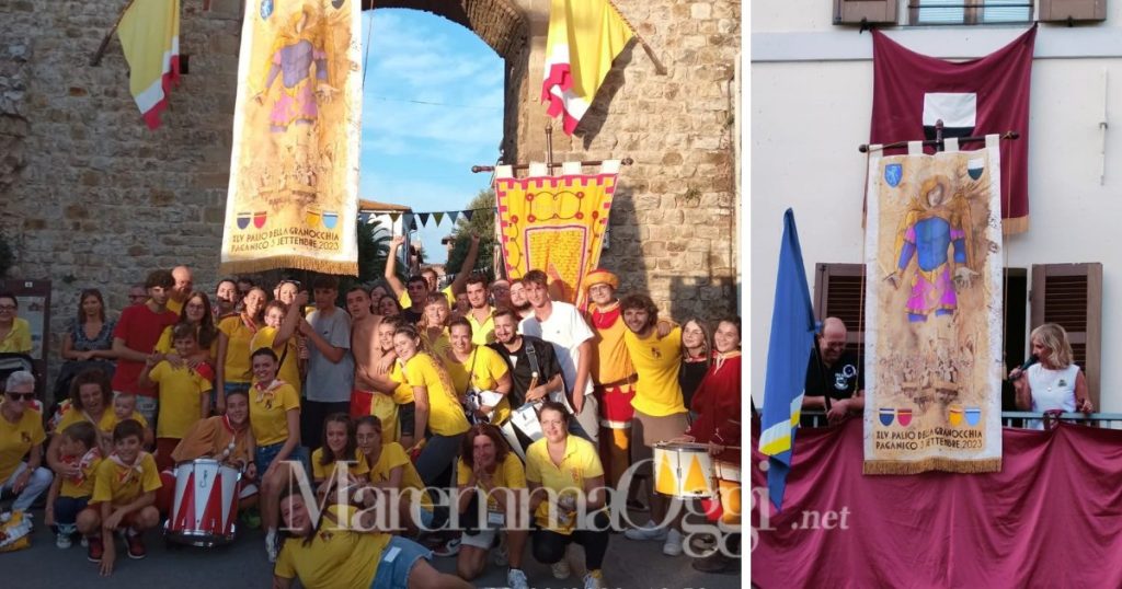 La festa del rione Porta Grossetana dopo la vittoria del Palio della Granocchia 2023 e la sindaca con Palio sul terrazzo