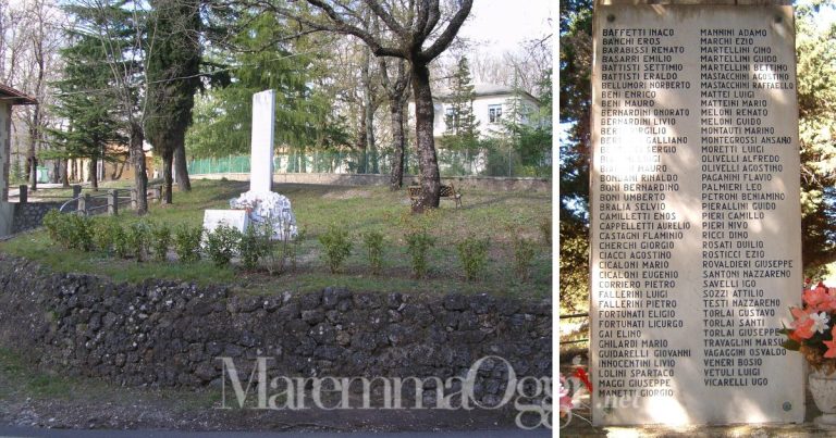 Strage di Niccioleta, a sinistra il monumento eretto nella frazione di Massa Marittima, a destra i nomi sul cippo a Castelnuovo Val di Cecina