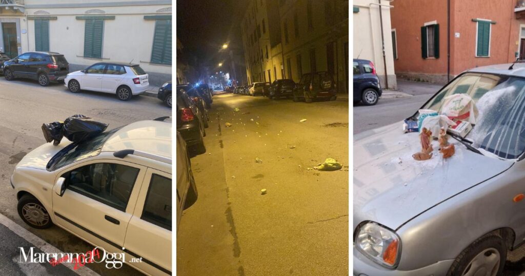 La spazzatura lanciata in via Battisti la scorsa notte, un sacchetto su un'auto e il presepe sul cofano...