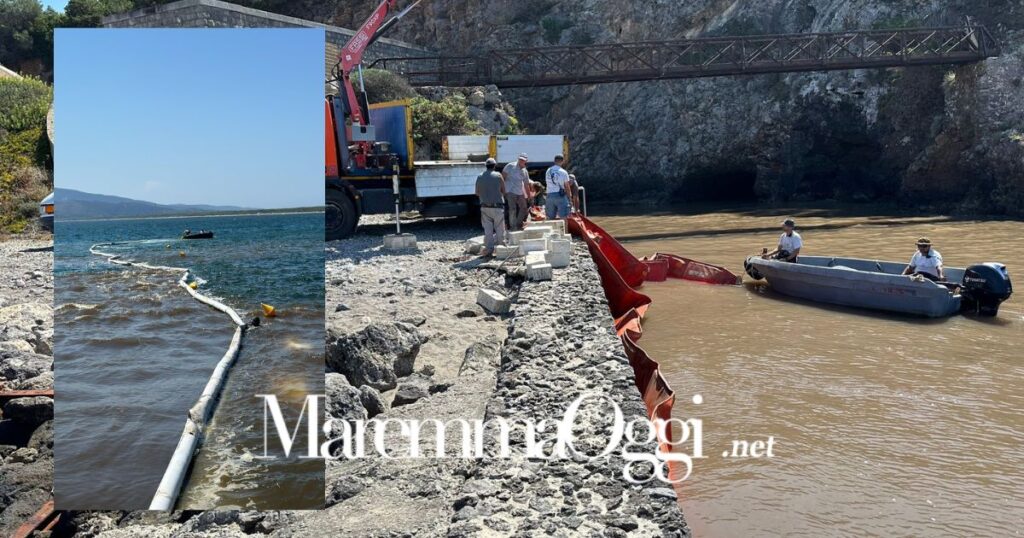 L'installazione delle panne nella laguna di Orbetello