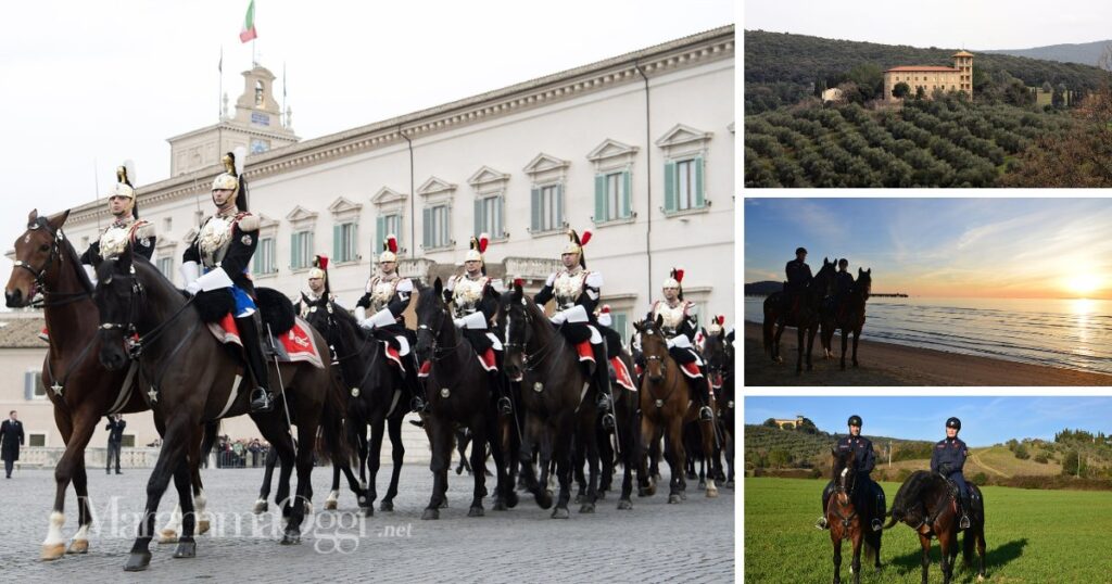 Il centro di selezione equestre di Marsiliana, nella foto grande i corazzieri al cambio della guardia (foto Quirinale.it)