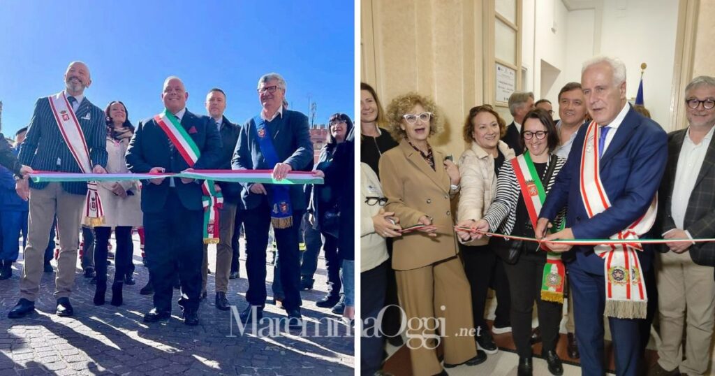 I due tagli del nastro in contemporanea: a sinistra il sindaco inaugura la settimana della salute, a destra Giani con l'assessora Minozzi inaugura il Cot a villa Pizzetti