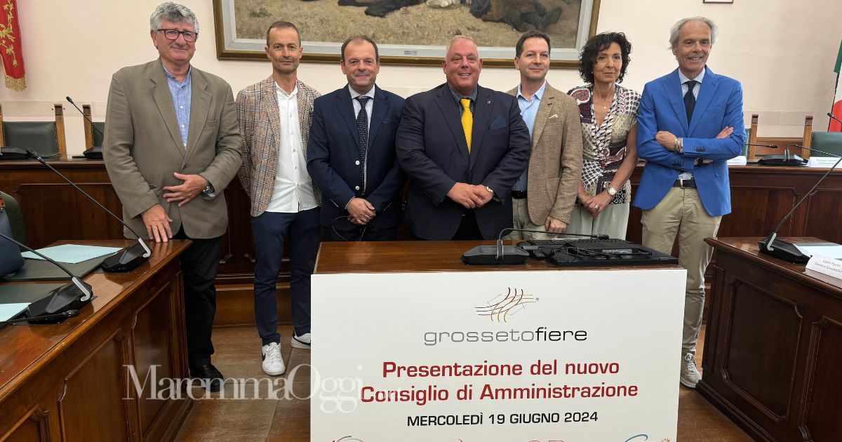 La presentazione del nuovo Cda di Grossetofiere. Da sinistra Valentino Bisconti, Riccardo Breda, Paolo Rossi, Antonfrancesco Vivarelli Colonna, Emiliano Calchetti, Alessandra Merli e Carlo Pacini