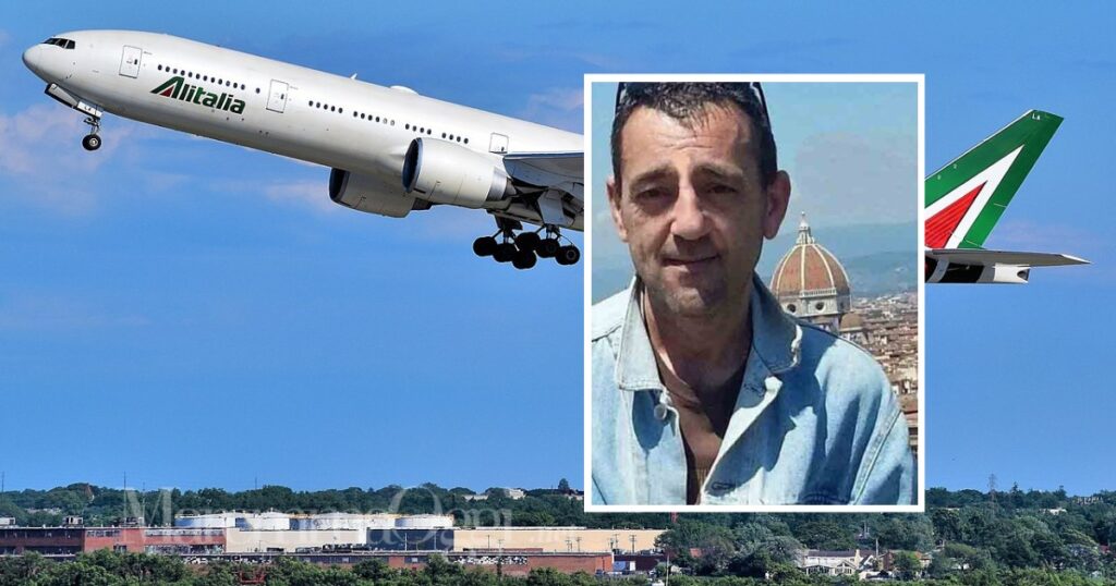 Luca Marzocchi e un aereo dell'Alitalia al decollo