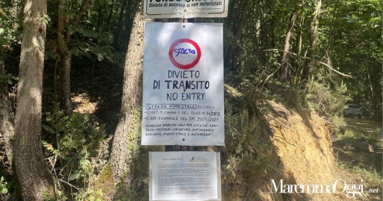 La strada per i canaloni del Farma e il cartello fatto a mano messo dal proprietario dei terreni