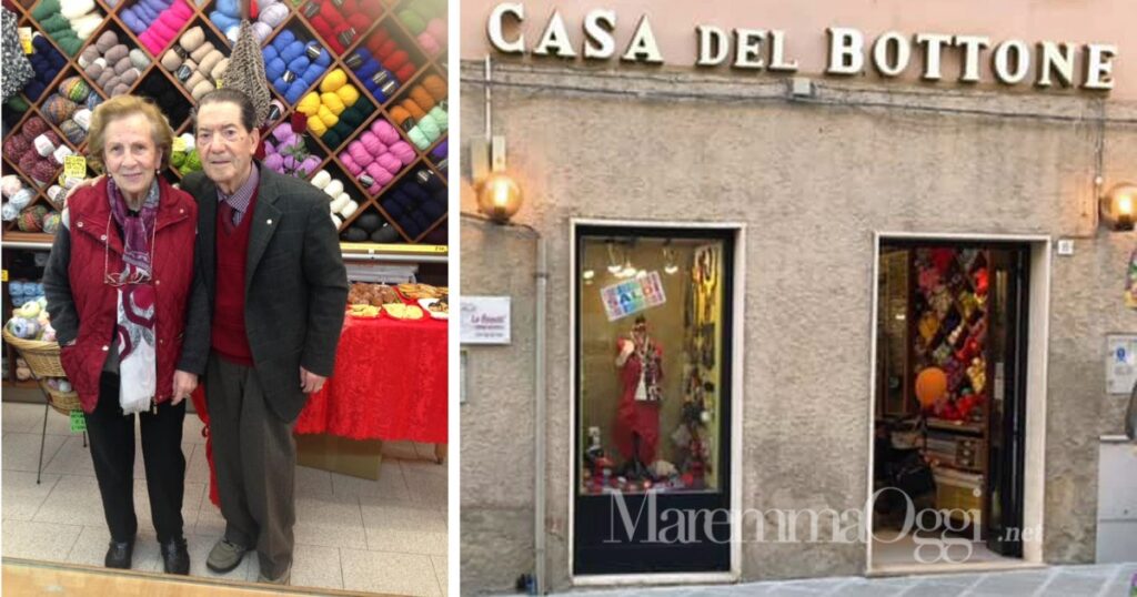 La Casa del bottone in via Paglialunga e Sileno Santini con la moglie Editta Sassetti dentro al loro negozio