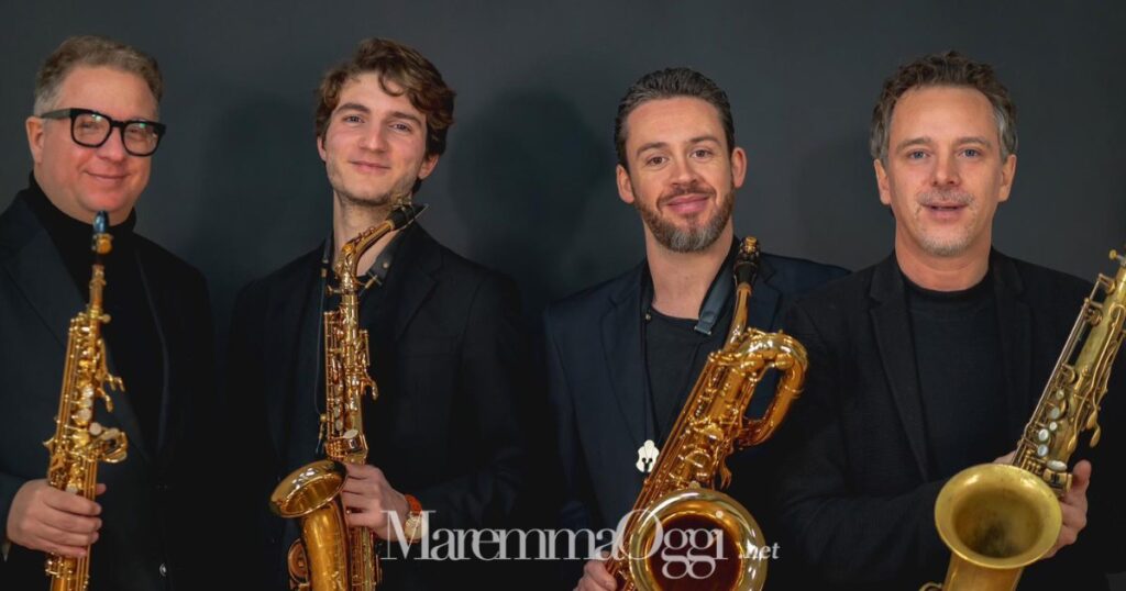 Giovedì 12 a Roccatederighi Saxofollia con Fabrizio Benevelli al sax soprano, Lorenzo Simoni al sax contralto, Marco Ferri al sax tenore e Giovanni Contri al sax baritono