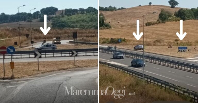 L'autovelox nell'aiuola a Campagnatico. Le frecce indicano l'auto dei vigili con la macchinetta e il cartello di uscita per Campagnatico