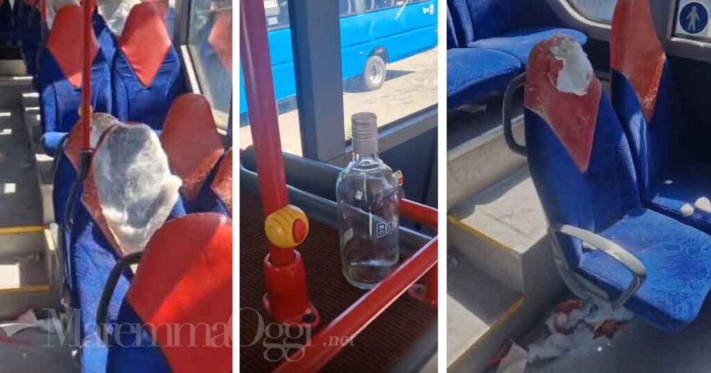 I danni ai sedili e una bottiglia di alcol lasciata a bordo (vuota)