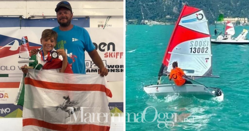 Gabriele Lizzulli con il tecnico Lucas Bovari e durante la regata