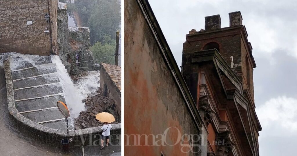 Stradine come fiumi a Pitigliano e il campanile di San Leonardo a Manciano danneggiato