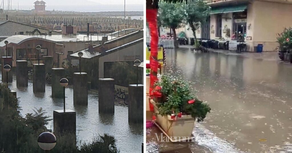 A sinistra una foto (di Mario Gamberini) della passeggiata allagata. A destra il corso con l'acqua alta