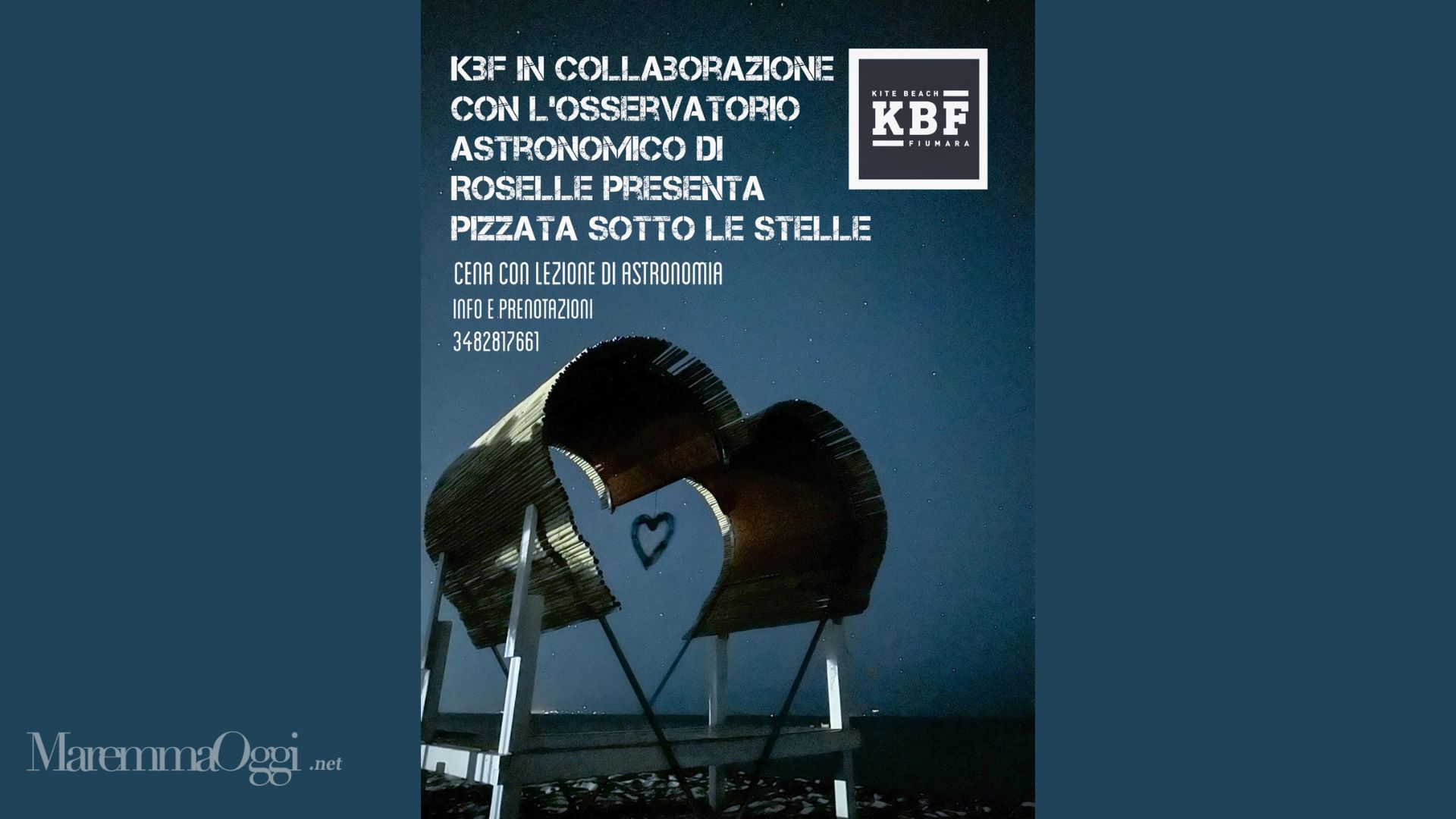 Una cena sotto le stelle, con lezione di astronomia a cura dell'Osservatorio di Roselle. Ad organizzarla è il KBF, Kite Beach Fiumara, la sera di giovedì 29 agosto