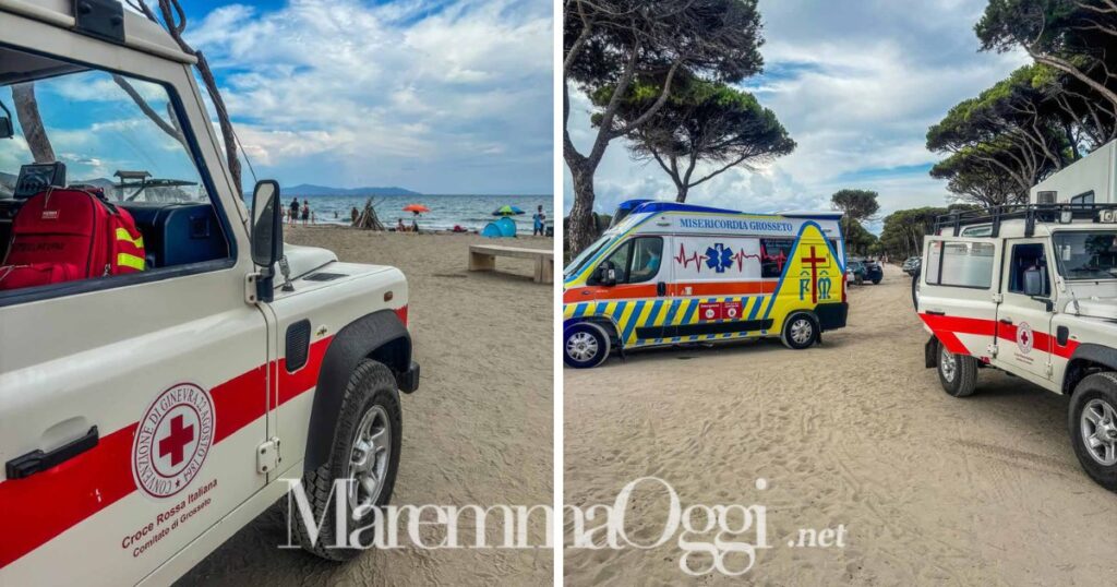 I soccorsi con l'ambulanza Defender sulla spiaggia di Marina di Alberese