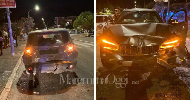 Le due auto coinvolte nel tamponamento: la Jeep tamponata a sinistra, la Bmw della donna a destra