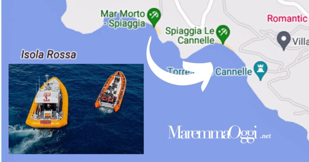 I mezzi della Capitaneria di Porto Santo Stefano e la spiaggia di partenza e quella del ritrovamento del giovane svizzero