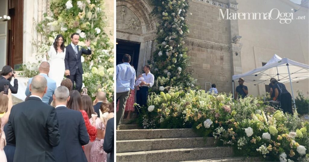 A sinistra Rossana Ammaturo e Carlo Pasquale che escono dalla chiesa. A destra le decorazioni