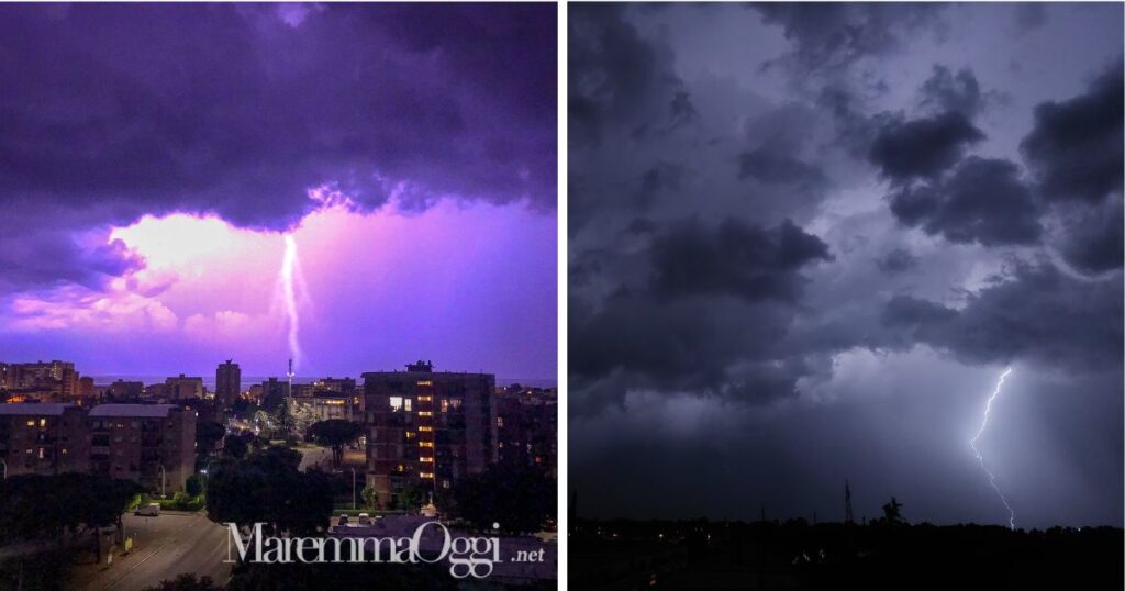 A sinistra una foto di un fulmine a Follonica (di Eleonora Usai), a destra un fulmine a Grosseto (di Vito Posa)