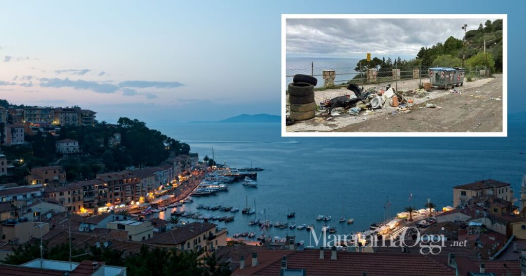 Una veduta di Monte Argentario e rifiuti abbandonati sulla Panoramica