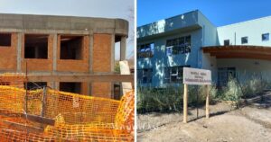 A sinistra la foto del cantiere diffusa dall'opposizione, a destra la foto della scuola finita