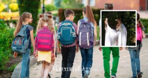 Alcuni bambini che vanno a scuola e nel riquadro don Giovanni Ricciardi