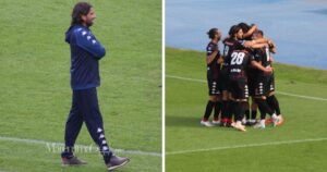 Il tecnico del Grifone, Gigi Consonni e l'esultanza per la rete dell'1-0 contro il Foligno in casa