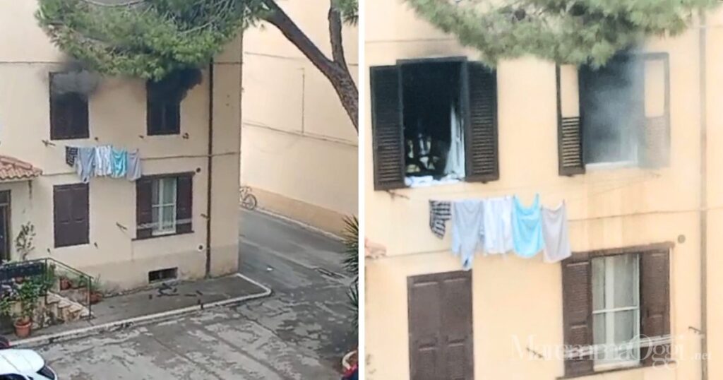 Due immagini dell'incendio in via Capodistria