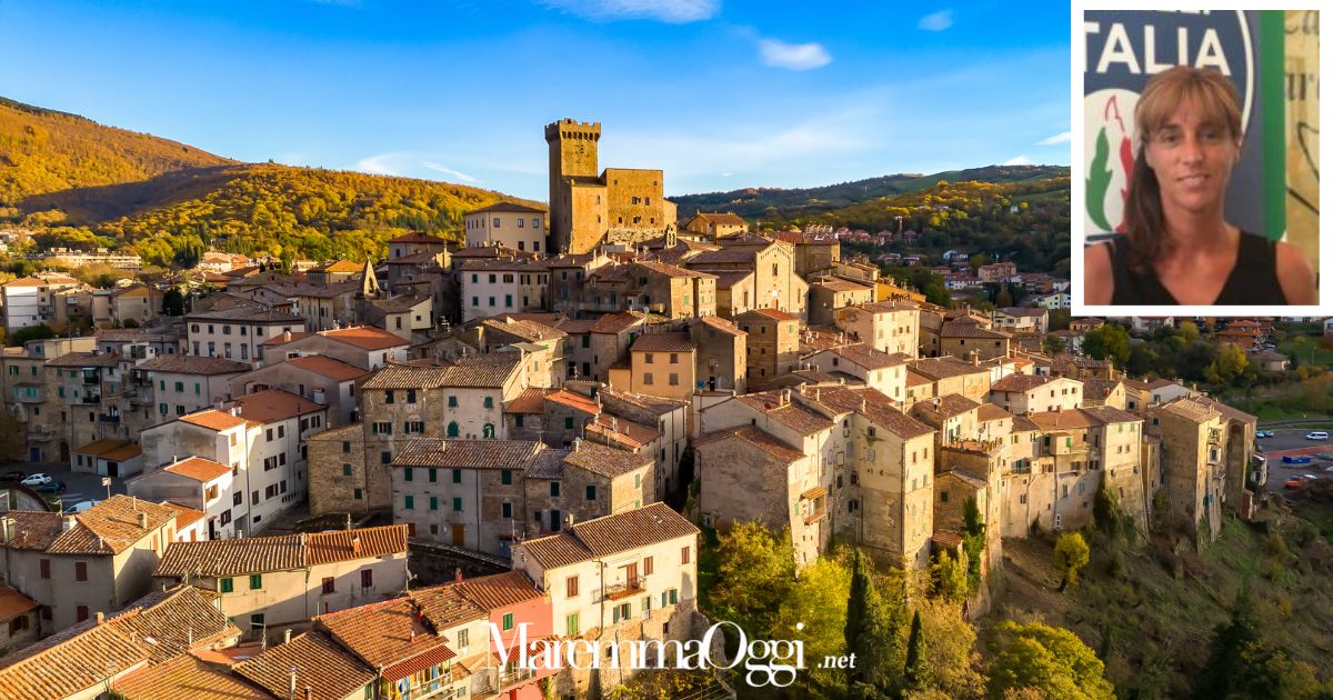 Il panorama di Arcidosso e, nel riquadro, Guendalina Amati