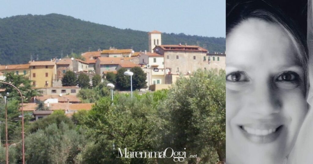 Il borgo di Batignano e, a destra, Lorella Tinturini