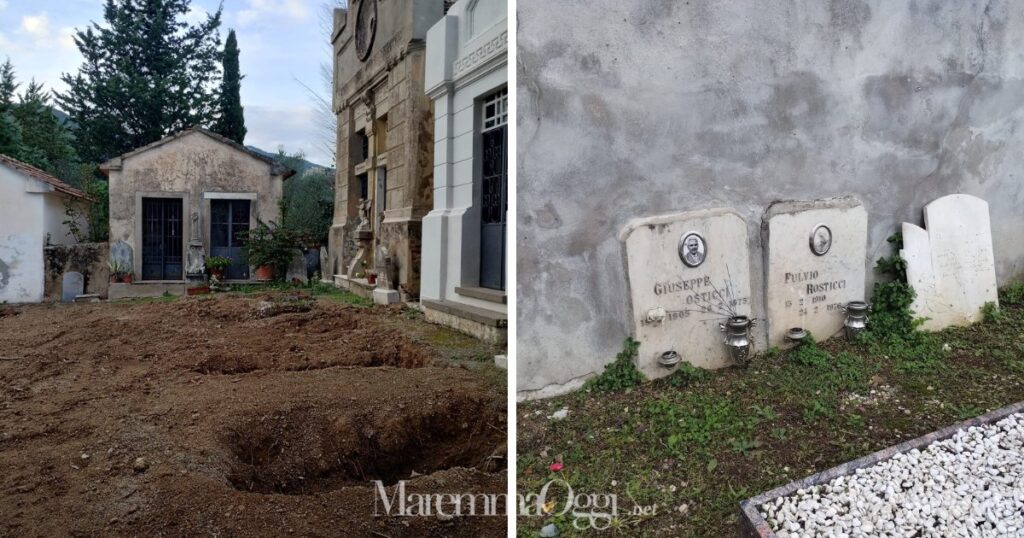 Le fosse in vista nel cimitero di Ravi e alcune lapidi