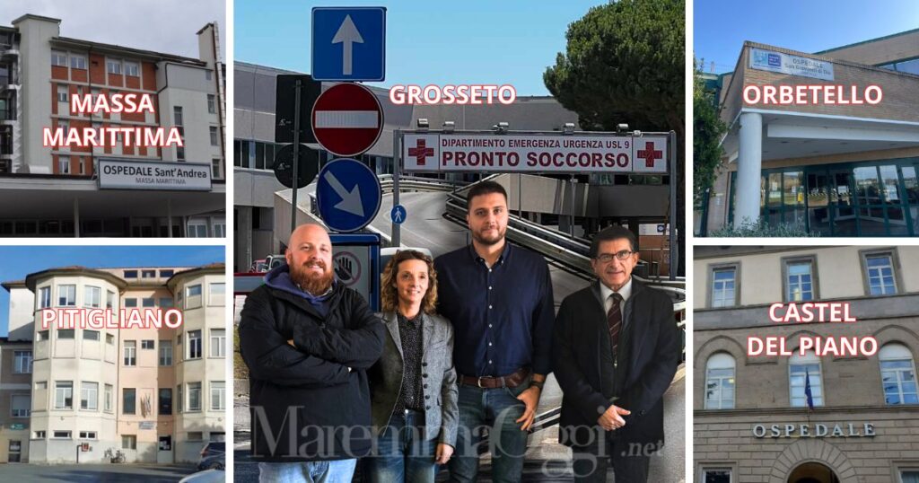 Sanità in Maremma, mobilitazione del Pd. I 5 ospedali del territorio e, da sinistra, Alberto Bertinelli, Irene Marconi, Giacomo Termine e Demetrio Cozzupoli