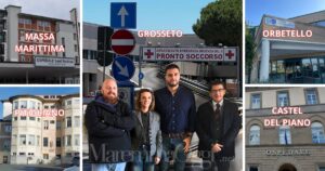 Sanità in Maremma, mobilitazione del Pd. I 5 ospedali del territorio e, da sinistra, Alberto Bertinelli, Irene Marconi, Giacomo Termine e Demetrio Cozzupoli