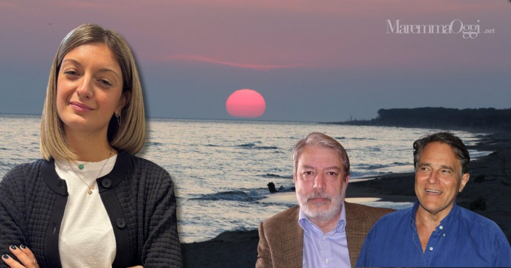 La spiaggia di Collelungo al tramonto, nel Parco della Maremma. A sinistra Emma Grisanti, a destra Bartoletti e Ulmi