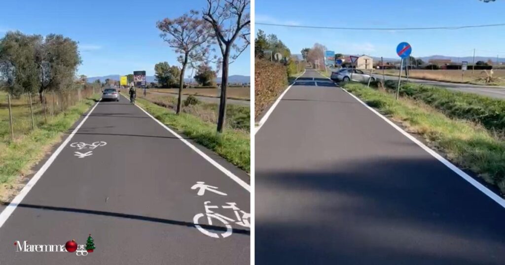 Due fotogrammi dal video: la Bmw percorre la pista ciclabile