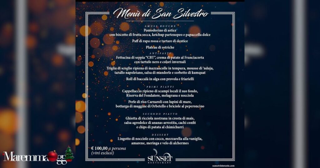 La locandina con il menu della cena di Capodanno al Sunset