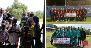 I bambini in Tanzania con lo striscione della Nuova Grosseto Barbanella, in alto a destra gli Under 15