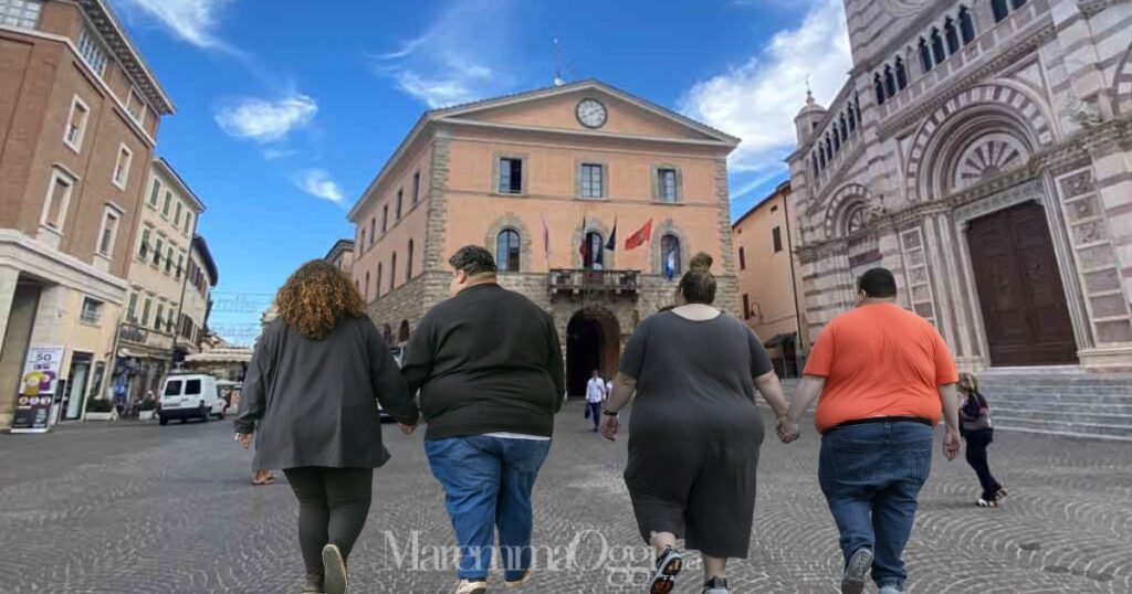 Due coppie di persone affette da obesità camminano mano nella mano (foto simbolica, generata con AI)