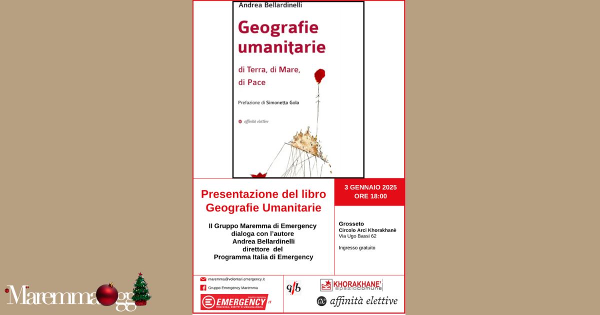 La locandina della presentazione del libro "Geografie umanitarie, di terra, di mare e di pace"