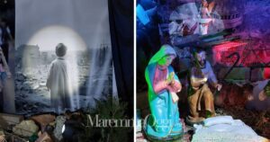 Il bambino palestinese che guarda le macerie e un dettaglio del presepe di Marina di Grosseto