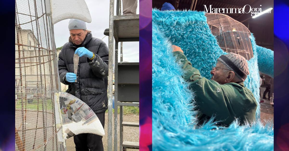 Nella foto: a destra il presidente Marco Buoncristiani mentre lavora al carro. A sinistra un volontario che stende la pelliccia blu del Monster.