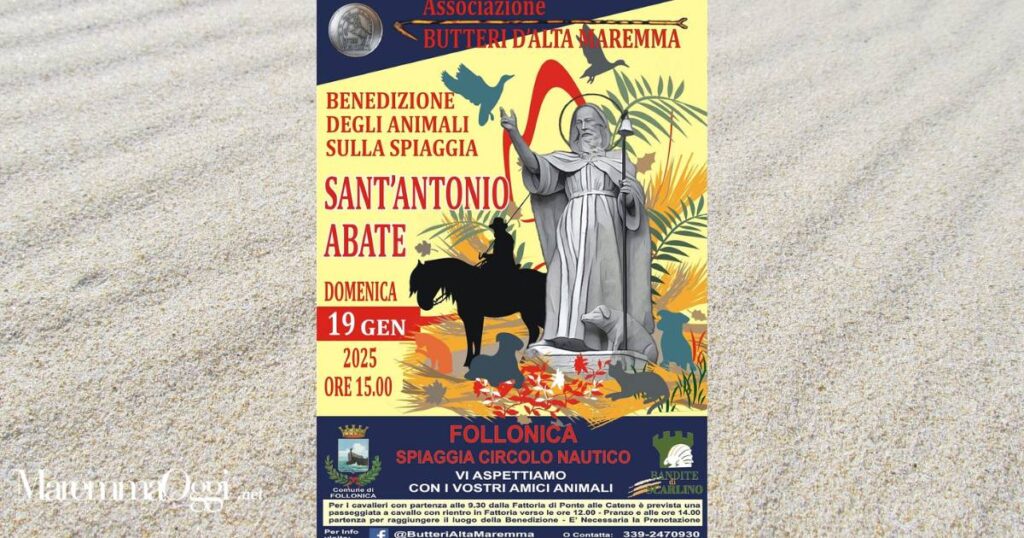 Locandina per l'evento della benedizione degli animali sulla spiaggia.